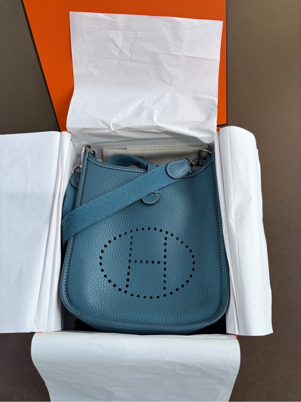 HERMES Mini EVELYN Blue Jean Clemence Box Dustbag Receipt